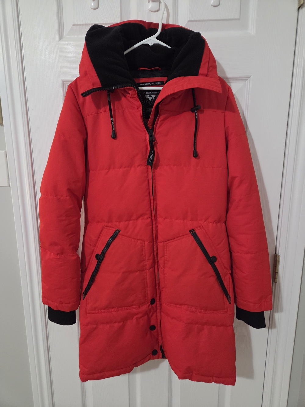 Super Warm Red Hooded Winter Jacket with Black Trim